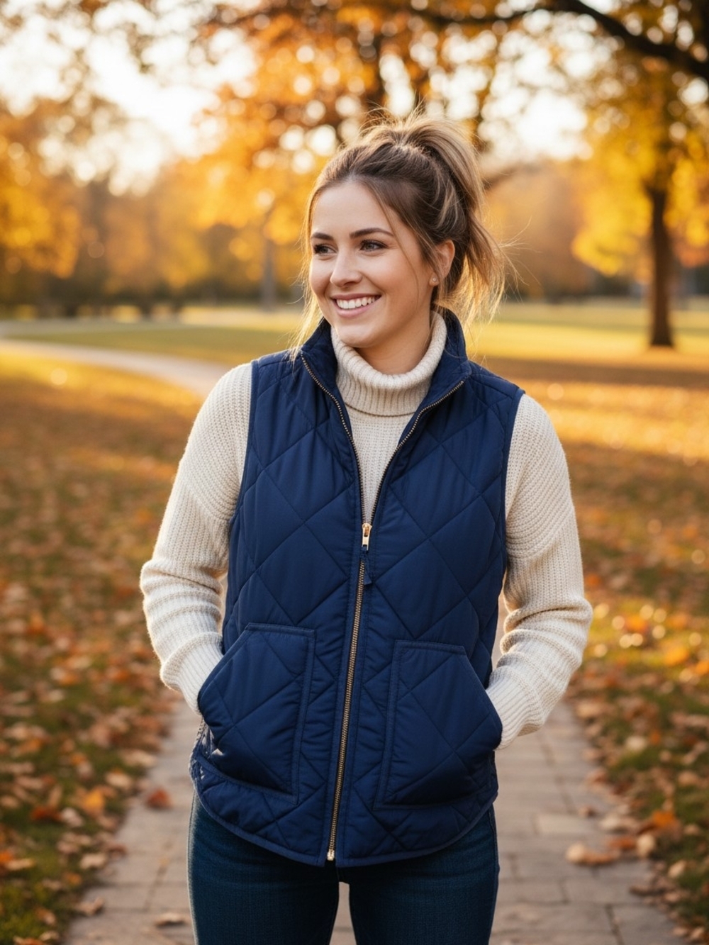 J. Crew Navy Quilted Vest with Gold-Tone Zip